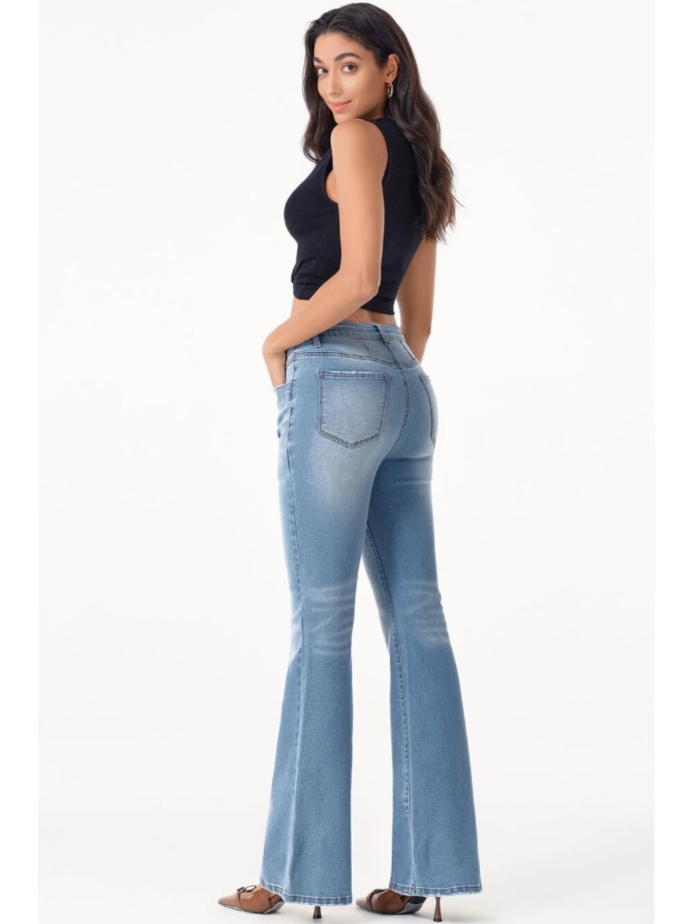 Women's High Waisted Jeans Wide Leg Button Fly Bell Bottoms Flared Zimbaplatinum - Picture 5 of 8